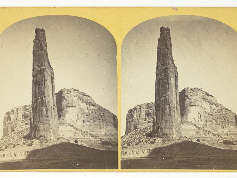 Timothy O'Sullivan, Explorers Column, Cañon de Chelle, Arizona. This shaft is the work of nature, and is about 900 feet in height; base about 70 by 110 feet. It stands near the center of the Cañon, and it is almost impossible to believe that it is not the work of human hands, 1873